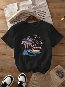 Camiseta vintage de talla grande para mujer con estampado de playa, sol y arena, corte holgado, mangas cortas, cuello redondo, informal para las vacaciones de verano. - Negro - Ver 2