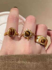 6pcs Asymmetrical Sun & Snake Design Copper Inlaid Cubic Zirconia Rings Set, Fashionable & Unique, Suitable For Party & Travel - Yellow Gold - View 5