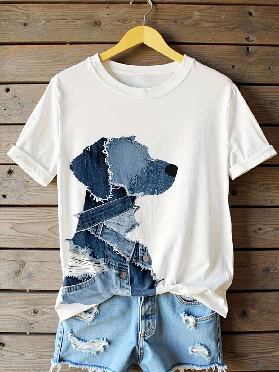 Camiseta vintage con estampado de cachorro en patchwork, diseño retro, de manga corta y cuello redondo, estilo casual, adecuada para otoño, verano y primavera, para uso diario, ropa de mujer. - Blanco - Ver 1