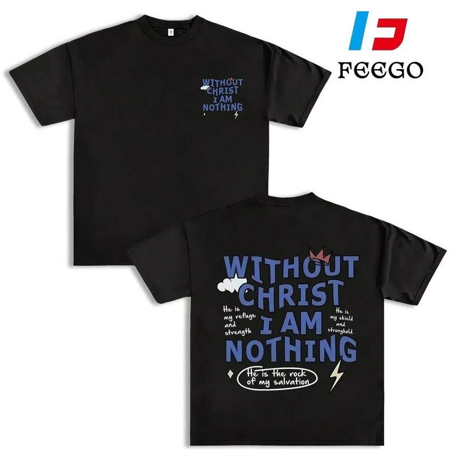 Camiseta de corte cuadrado para hombres FEEGO, cuello redondo, impresión de letras de fe cristiana, ropa casual de calle, camiseta blanca de manga corta para uso diario en todas las estaciones, camiseta de cuello redondo, camiseta gráfica divertida, camiseta divertida, ropa cristiana - Negro - Ver 1