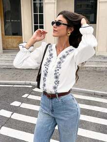 Camisa de manga larga con botones y bordados, elegante y casual para mujer - Blanco - Ver 6