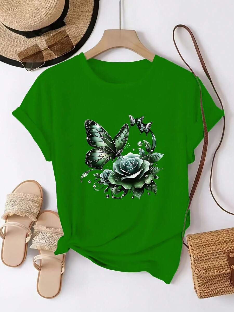 Talla Grande - Talla Grande - Camiseta de manga corta con cuello redondo para mujer, con un estampado único de rosas, elegante y a la moda. Una Camiseta Cómoda y Versátil Adecuada para Todas las Temporadas - Verde - Ver 1