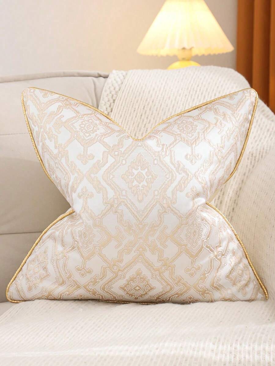 1pc Gold Decorative Throw Pillow Cover, Jacquard Gold Thread Geometric Texture Cushion Cover, Sofa Bedroom Minimalist Luxury Style Home Decor, Holiday Gift