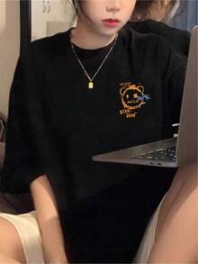 Women's Basic Cotton T-Shirt With A Modern Graphic Print, Casual Urban Style, Suitable For Everyday Occasions, Elegant And Comfortable, In Black, Size S To L,  Youth Fashion - 黑色 - 查看 1