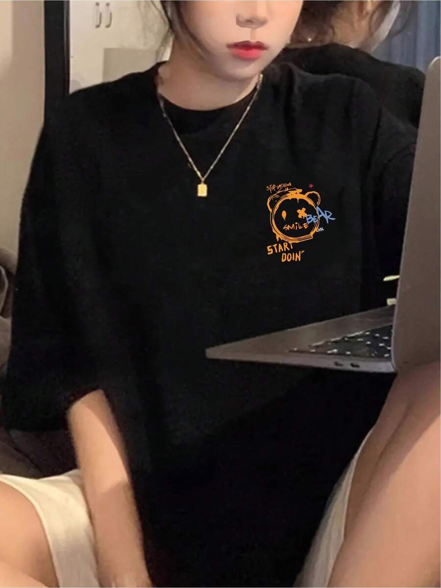 Women's Basic Cotton T-Shirt With A Modern Graphic Print, Casual Urban Style, Suitable For Everyday Occasions, Elegant And Comfortable, In Black, Size S To L, Youth Fashion - 黑色 - 查看 1