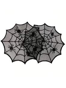 Halloween Spider Web Placemat Decor, Black Lace Polyester Placemat, Halloween Round Placemat, Black Spider Tabletop Decor Napkin, Perfect For Halloween Holiday Party Table Decor And Halloween Theme Birthday Party Decor, Table Decor, Placemat Decor - Multicolor - View 2