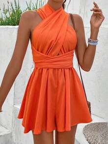 Enterizo Sin Espalda Con Cintura Alta De Color Sólido - Naranja - Ver 5