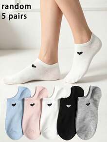 5 pares de calcetines de tobillo aleatorios para mujeres y hombres, calcetines casuales finos y transpirables, calcetines con diseño de corazón versátil y de moda, adecuados para primavera/verano - Multicolor - Ver 1