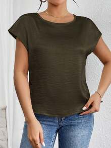 holgada y elegante casual con detalles metálicos en los hombros, blusa plisada de satén sólido de manga tipo murciélago para mujeres - Marrón 2 - Ver 5