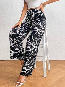 Pantalones de pierna ancha con estampado de mármol - Blanco y Negro - Ver 7