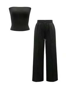 Conjunto de 2 piezas de ropa de otoño Vaiaye: Top corto ajustado y sexy sin tirantes, camiseta básica de unicolor elástica y ajustada, top tipo bandeau para yoga; Conjunto de pantalones para primavera/verano - Negro - Ver 3