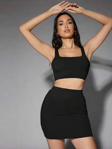Top sin espalda ajustado de cuello cuadrado, moda de verano - Negro - Ver 3