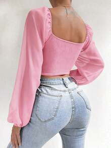 Blusa de manga farol con cuello de corazón y pliegues, corta - Rosa - Ver 2
