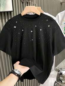 Camiseta informal de manga corta y cuello redondo de unicolor para hombres, con proceso de perforación caliente, nueva colección primavera/verano 2025, rave - Negro - Ver 6