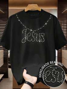 Camiseta informal de manga corta y cuello redondo de unicolor para hombres, con proceso de perforación caliente, nueva colección primavera/verano 2025, rave - Negro 4 - Ver 6