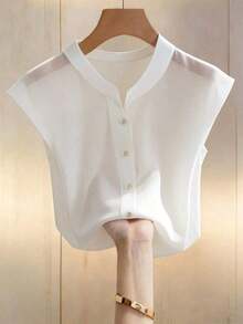 de mujer casual de gasa con cuello abotonado en blanco para primavera y verano, blusa de manga corta de unicolor para mujer, adecuada para uso en la oficina, uso casual y uso de vacaciones, blusas elegantes de mujer, blusas elegantes para m - Blanco - Ver 1