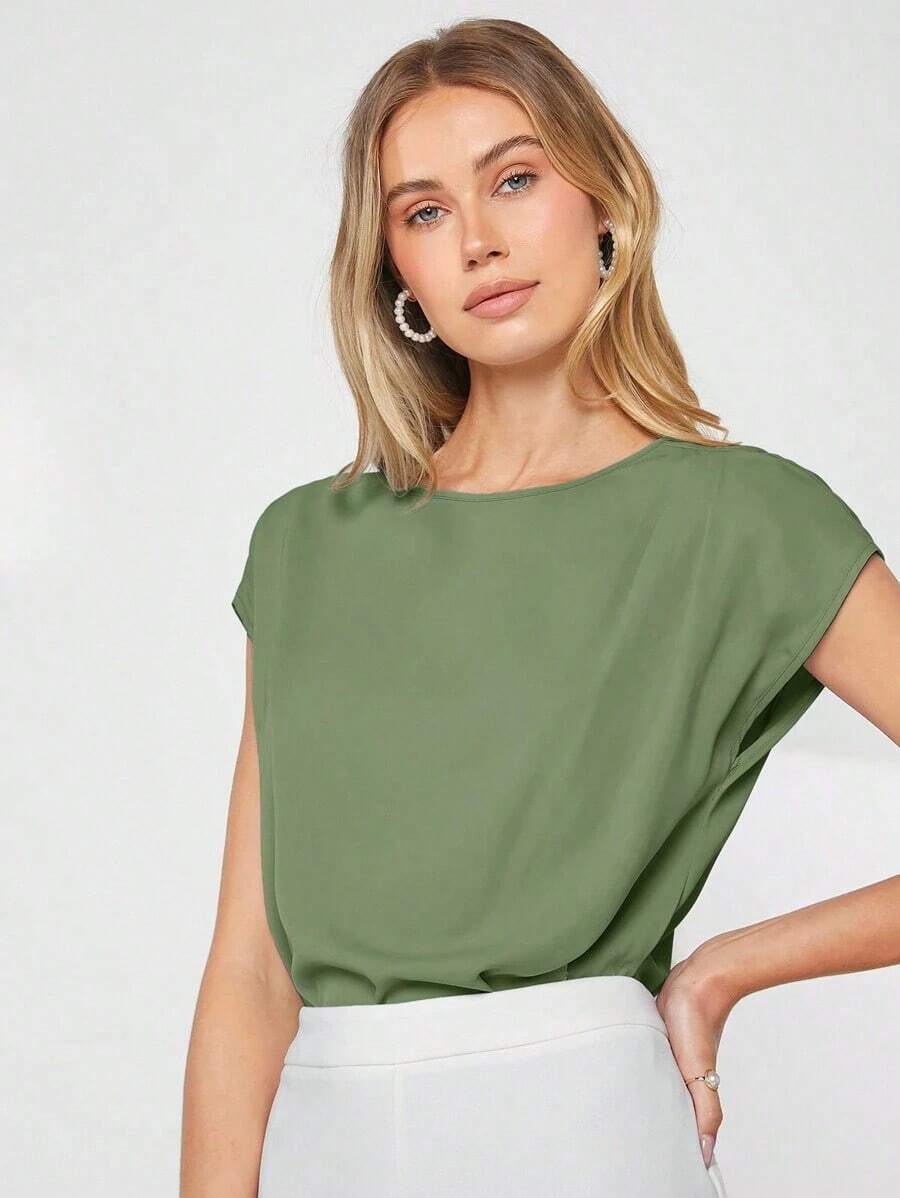 Blusa de mujer con mangas de murciélago asimétricas, de unicolor, estilo básico urbano de viaje, moda elegante y sencilla para negocios casuales, adecuada para maestras y uso en la oficina - Verde - Ver 1