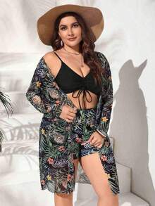 Conjunto de traje de baño estampado tropical de talla grande top de tirantes con cordón y kimono de verano para mujer moda 3 piezas - Negro - Ver 3