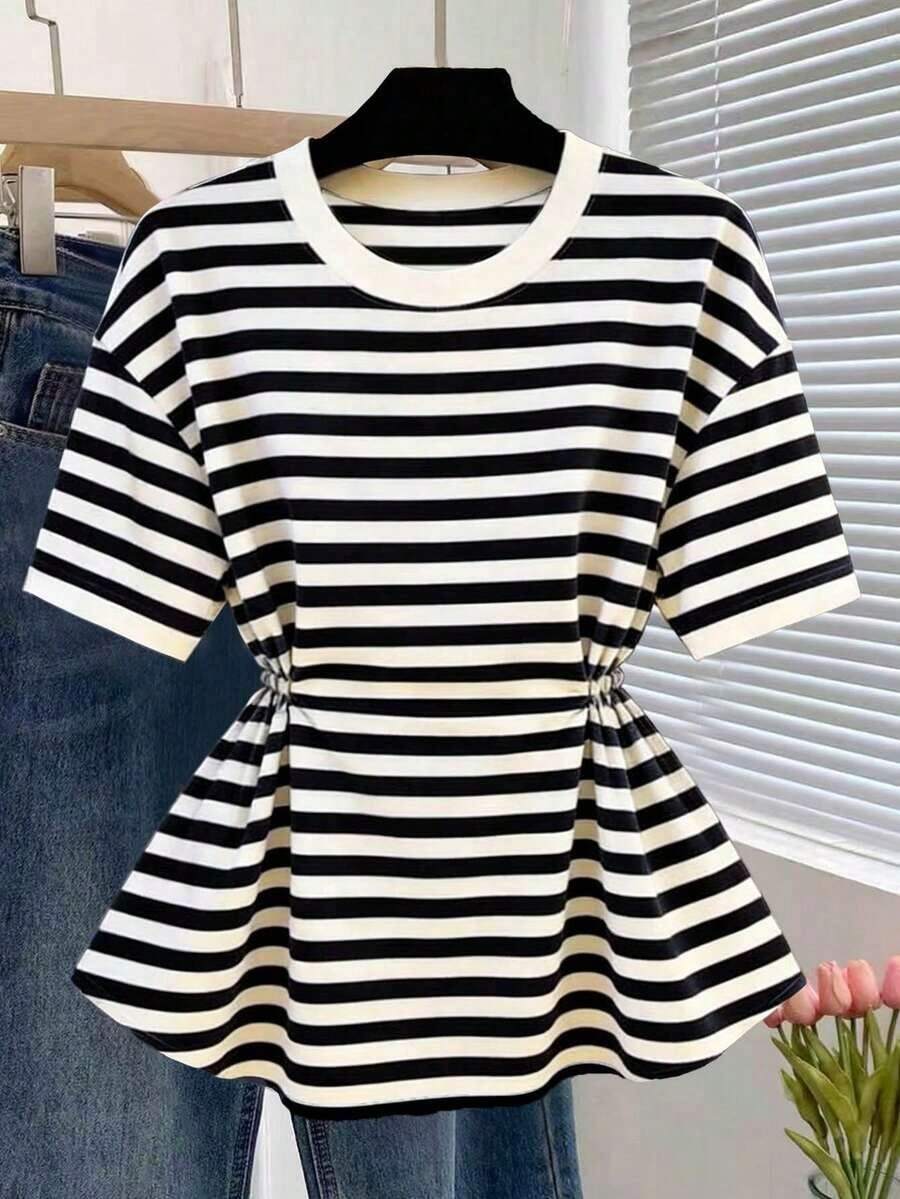 Camiseta de manga corta de cuello redondo con cintura a rayas, casual de verano para mujer - Negro - Ver 1