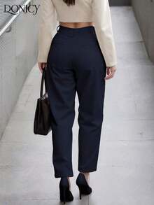 Pantalones rectos plisados de cintura alta, de unicolor, para mujer, suaves y cómodos, versátiles, elegantes y casuales urbanos, adecuados para uso diario casual, citas, fiestas, San Valentín, carnaval y oficina - azul real - Ver 2