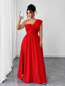 Vestido de mujer de talla grande con volantes, tirantes de espagueti y unicolor, adecuado para volver al colegio, graduación, San Valentín, festival de música, Día de la Madre, Halloween, Acción de Gracias, Pascua, Baile de graduación, cita, tempo - Rojo - Ver 4