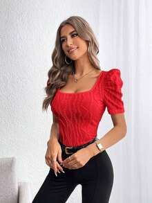 Privé Camiseta de cuello cuadrado de manga farol - Rojo - Ver 5