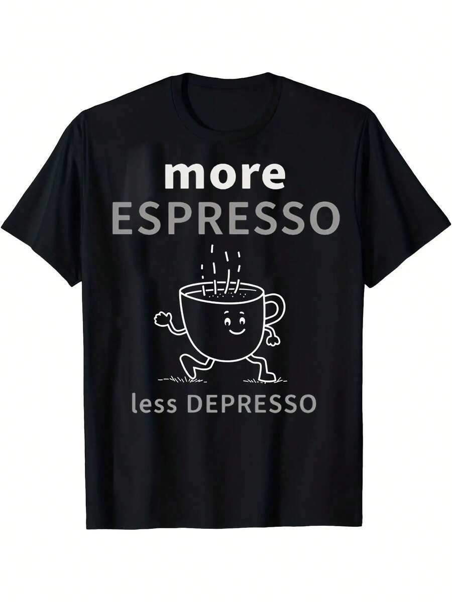 Camiseta de Algodón de Manga Corta con Cuello Redondo y Estampado de Un Solo Lado "Más Espresso, Menos " para Todas las Estaciones - Negro - Ver 1