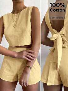Conjunto de 2 piezas de blusa sin mangas con detalle de lazo y pantalón corto de 100% algodón para mujer, conjunto casual de verano, conjunto de lino - Amarillo claro - Ver 11