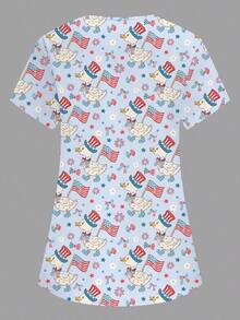 Blusa de mujer con cuello en V blanco, manga corta, con doble bolsillo, con estampado de dibujos animados lindos, estampado de animales de granja, uniforme de enfermera/médico, ropa de trabajo de unicolor para peluquería de mascotas, bata de labo - Azul - Ver 2