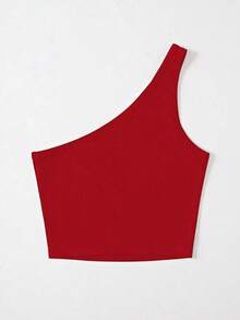 Blusa asimétrica de hombro casual de unicolor para mujer - Rojo - Ver 2