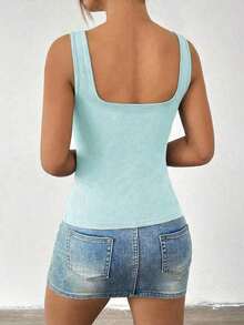 Camiseta sin mangas ajustada de unicolor con cuello cuadrado para mujer , Chaleco de unicolor minimalista y retro, Camiseta de punto sin espalda de moda de verano, Versátil y casual, Adecuado para el trabajo y el transporte - verde menta - Ver 2