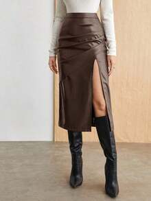 Falda con abertura alta de PU para mujer, atuendo de oficina casual urbano para ir al trabajo, vestimenta formal elegante para mujer en otoño - Marrón 3 - Ver 7