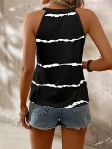 Top sin mangas de verano casual con estampado de rayas y cuello halter para mujer - Blanco y Negro - Ver 2