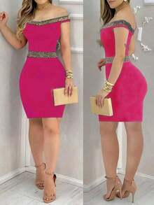 Vestido negro elegante y ceñido para mujer - Halter sin mangas con tela de lentejuelas en la espalda, perfecto para actividades de verano, mezcla de poliéster lavable a máquina, vestido ajustado, adecuado para citas nocturnas diarias, fiestas, fiestas de solteros - Rosa Fucsia - Ver 6