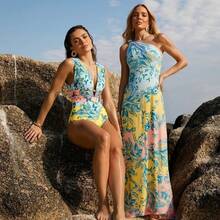2026 New Floral Print Color Block Resort Style One-Piece Swimsuit For Women - Swimsuit - View 3
