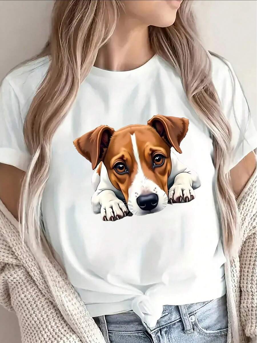 Camiseta de manga corta para mujer, estampada con un diseño de perro, ligera y duradera, adecuada para uso casual en casa o en restaurantes, confeccionada con tela suave y diseño elegante, cómoda y fácil de usar a diario. - Blanco - Ver 1