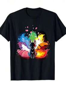 Women's Short-Sleeved T-Shirt, 100% Cotton, Casual, Printed, With Artistic Nine-Tailed Fox Design, Colorful, Modern, Sporty, Suitable For Casual Daily Outings And Vacations. - 黑色 - 查看 5