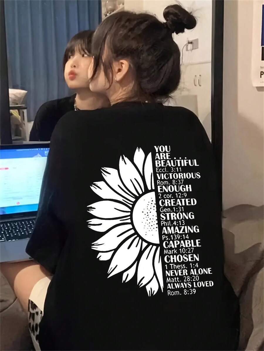 Women's Short-Sleeved T-Shirt, Custom Letter Print, White Round Neck, Loose Fit, Modern And Versatile For Spring And Summer - Black - View 1