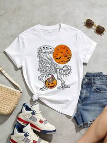 Women's Soft And Casual Short-Sleeved Crew Neck T-Shirt, Ideal For Summer, With Halloween Designs: Jack-O'-Lantern, Tyrannosaurus Rex, Christmas Candy, "Trick Or Treat", Western Holiday, Urban Style, Loungewear, Halloween Skeleton T-Shirt With T-Rex Design And Candy Bucket With Pumpkin. White Color. - 白色 - 查看 3