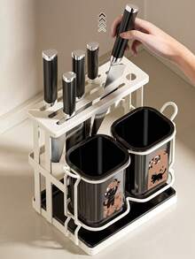 1 pieza Estante de almacenamiento de cubertería de acero al carbono resistente a la oxidación y de alta resistencia, soporte de herramientas de cocina 2 en 1 para montaje en pared y encimera con bandeja de goteo, organizador de múltiples compartimentos para cuchillos, palillos, cucharas y tenedores - Multicolor - Ver 8