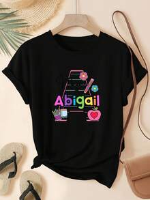 Soft 2026Elegante Camiseta de Mujer con Estampado de Letra A,Flores,Lápiz y Manzana.Diseño Moderno y Cómodo,Ideal para un look Casual y Alegre.cool pattern - Negro - Ver 7