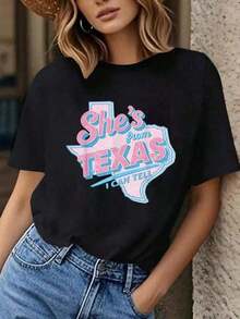 Premium Texas Vintage Retro T-Shirt "She's From Texas I Can Tell" - Women's 100% Cotton Graphic Tees, Loose Fit All-Season Clothing - Unisex Vintage Urban Style, Short Sleeve Crew Neck T-Shirt Made Of 100% Pure And  Cotton - 黑色 - 查看 7