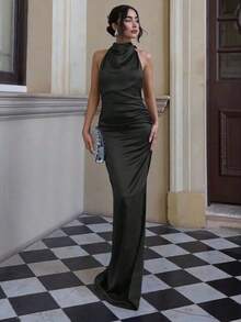 Nuevo vestido elegante de fiesta de cola de sirena con cintura alta plisada, sin mangas, color verde militar sólido, adecuado para boda, fiesta, cita, Día de San Valentín, primavera - Negro - Ver 1