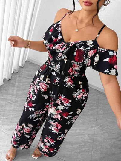Plus Size Casual Vacation Printed Spaghetti Strap Off-Shoulder Cap Sleeve Jumpsuit