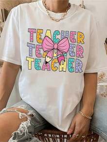 Camiseta Casual de Manga Corta con Cuello Redondo Wo |   Estampado gráfico con temática de maestros y un divertido diseño de lazo, colores vibrantes, transpirable, lavable a máquina, ajuste cómodo, adecuado para verano y primavera. - Blanco - Ver 7
