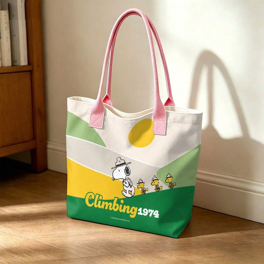 Miniso Peanuts Snoopy Climbing 1974 Canvas Tote Bag, Retro Color Block Shoulder Bag For Daily Use - Pink - View 1