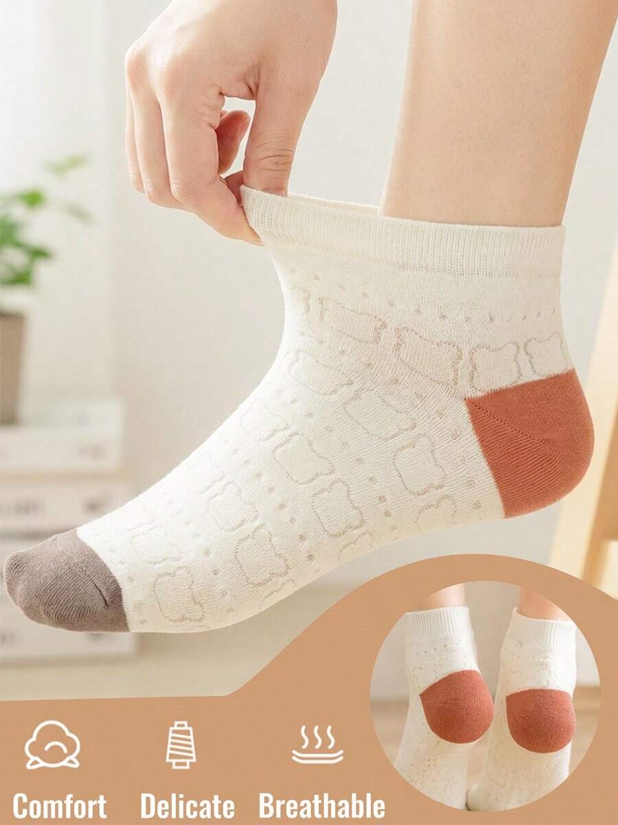 日系軟萌可愛熊緹花短襪，透氣網眼吸汗，春夏百搭撞色舒適棉襪 - 咖啡棕 - 查看 1
