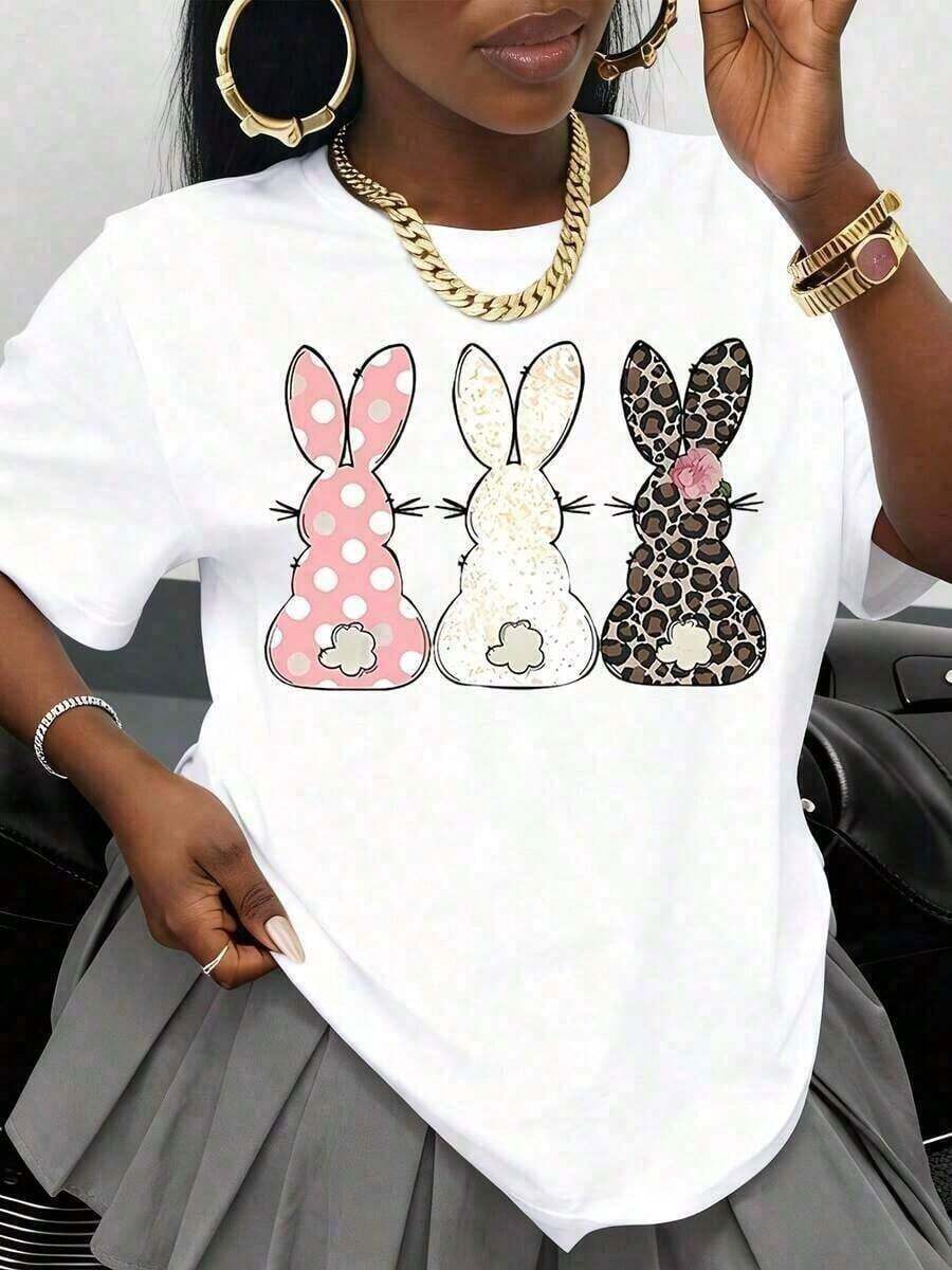 Summer Tops 2026, Pink Polka Dot Easter Bunny T-Shirt, White Glitter Leopard Print Rabbit Design For Women, Fashion Casual Spring Break Top, Easter Summer Clothes, Western Graphic Tees, Men's Clothing, Graphic Tees, Women's Clothing, Summer Tops, Summer Clothes, Graphic Tees. - 白色 - 查看 1