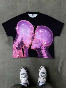 Camiseta casual de manga corta con cuello redondo y estampado de eslogan para hombres de talla grande - Negro - Ver 3