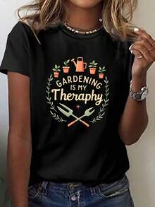 LA JARDINERÍA ES MI RELAJE camiseta estampada, cuello redondo de manga corta para verano y primavera, Ropa de mujer - Negro - Ver 1